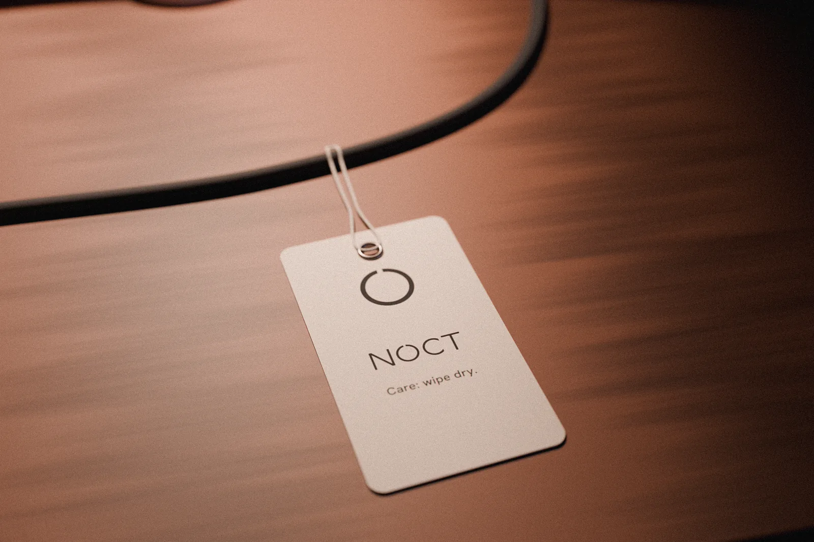 Close-up of a bone swing tag tied to the lamp’s cord on the oak table: the ring mark, NOCT, and the line Care: wipe dry.