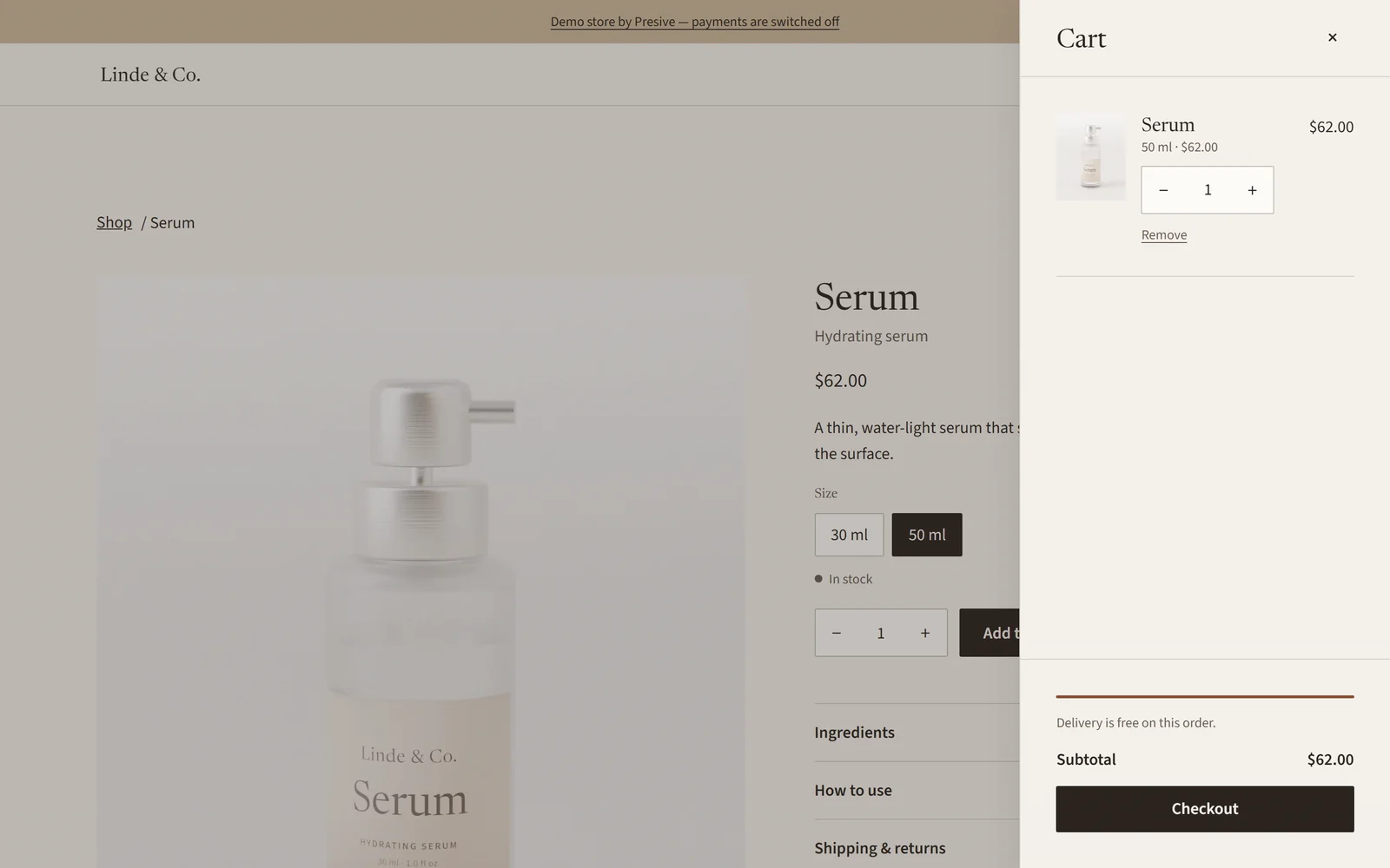 The cart — a screen from the Linde & Co demo store.