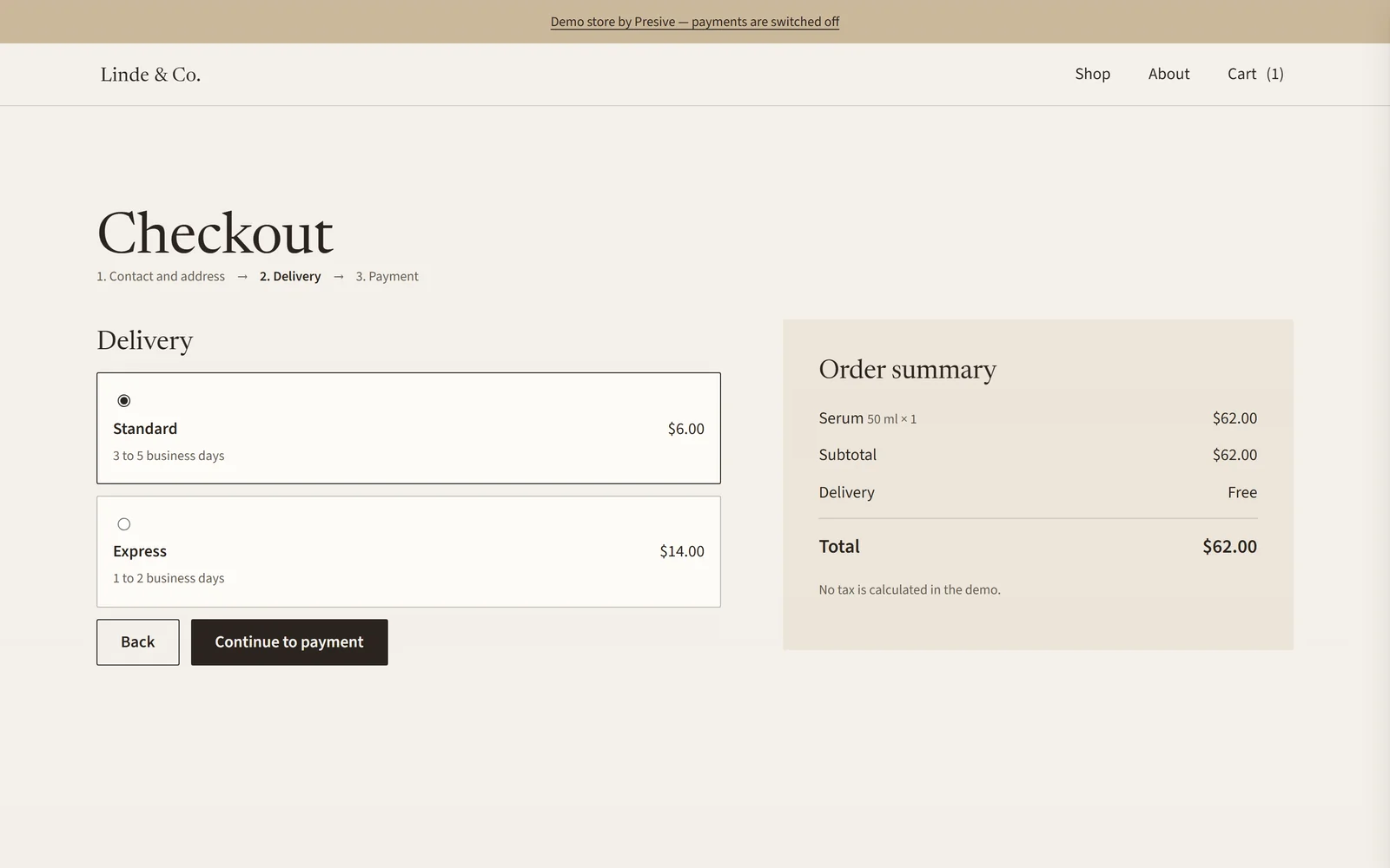 Delivery — a screen from the Linde & Co demo store.