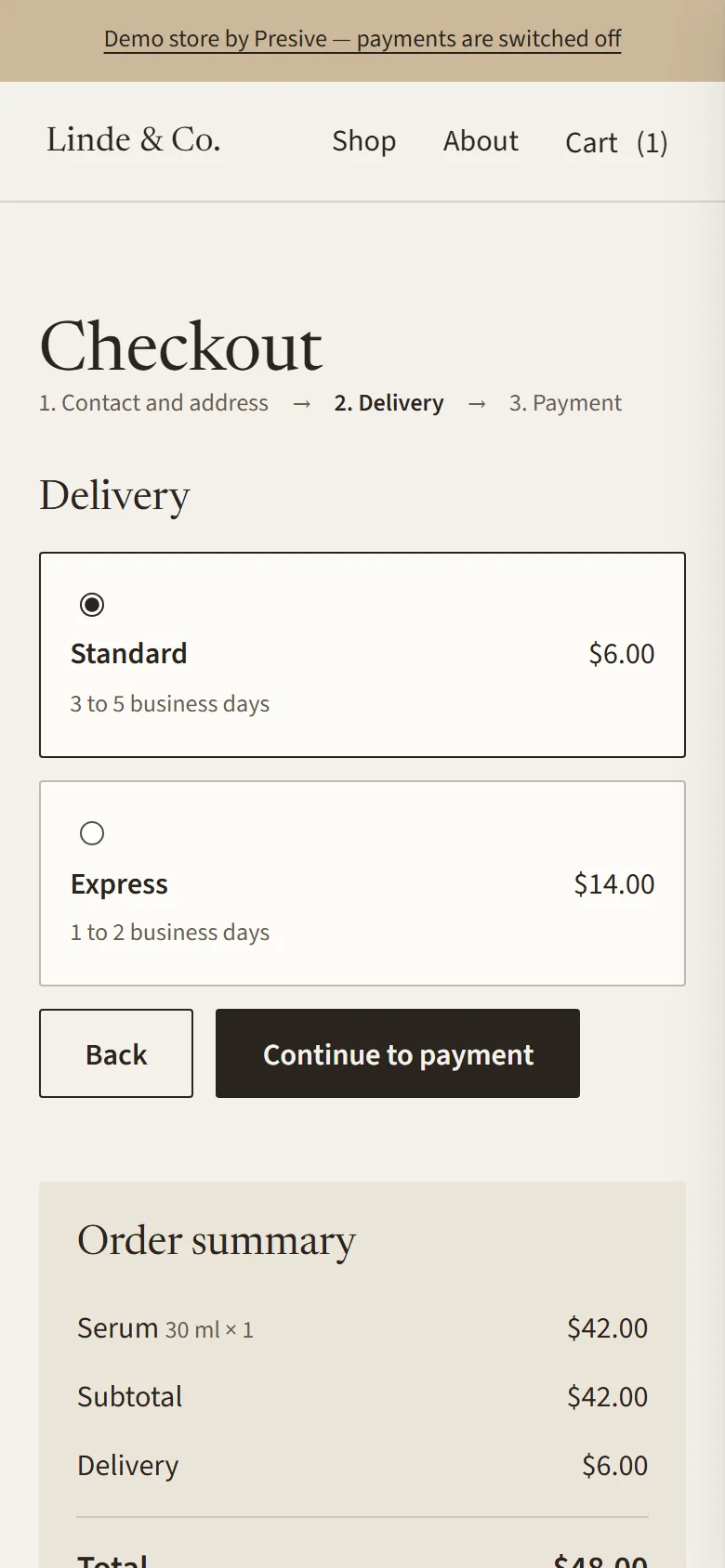 The Linde & Co checkout on a phone: the delivery step with two priced options.