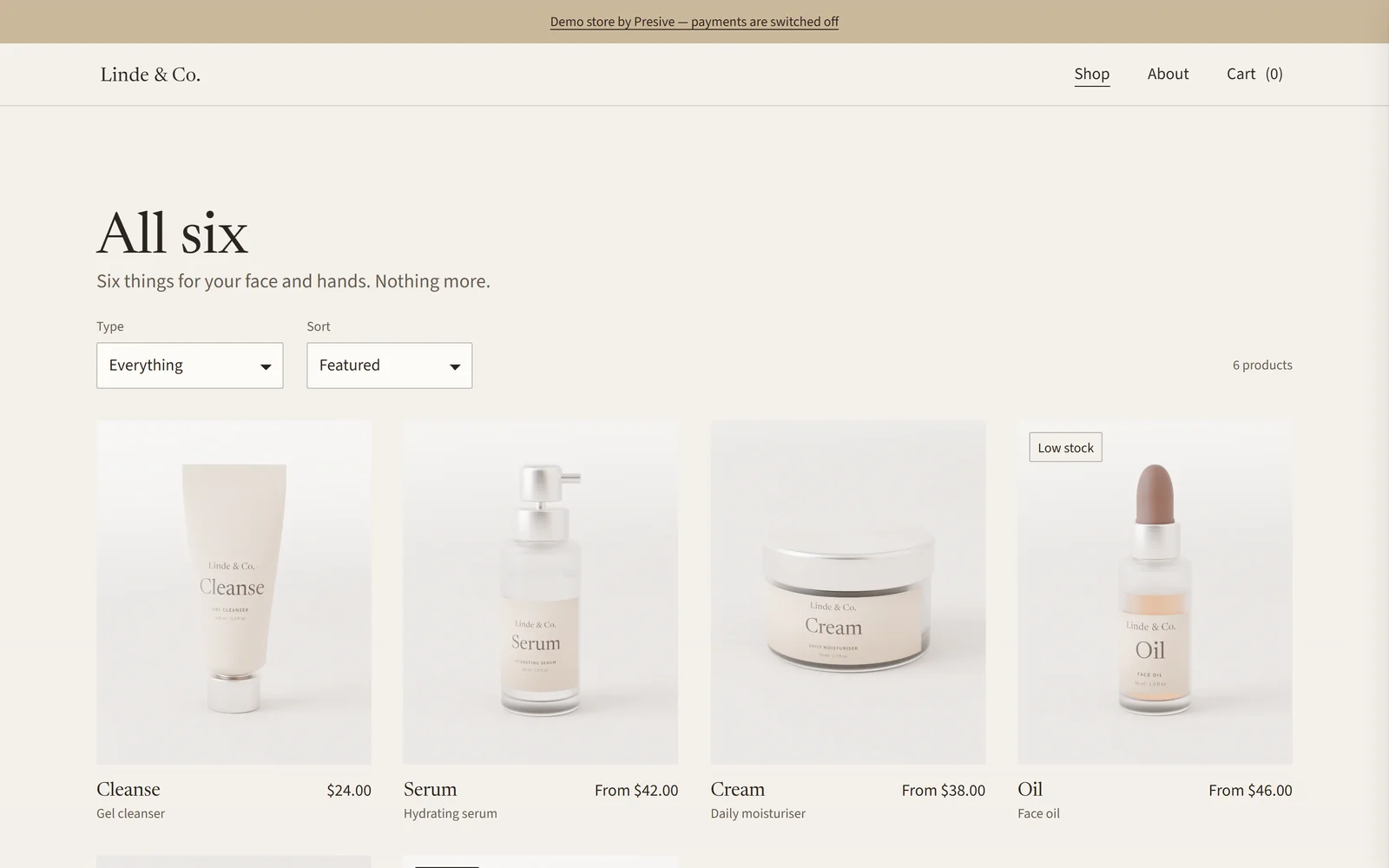 The collection — a screen from the Linde & Co demo store.