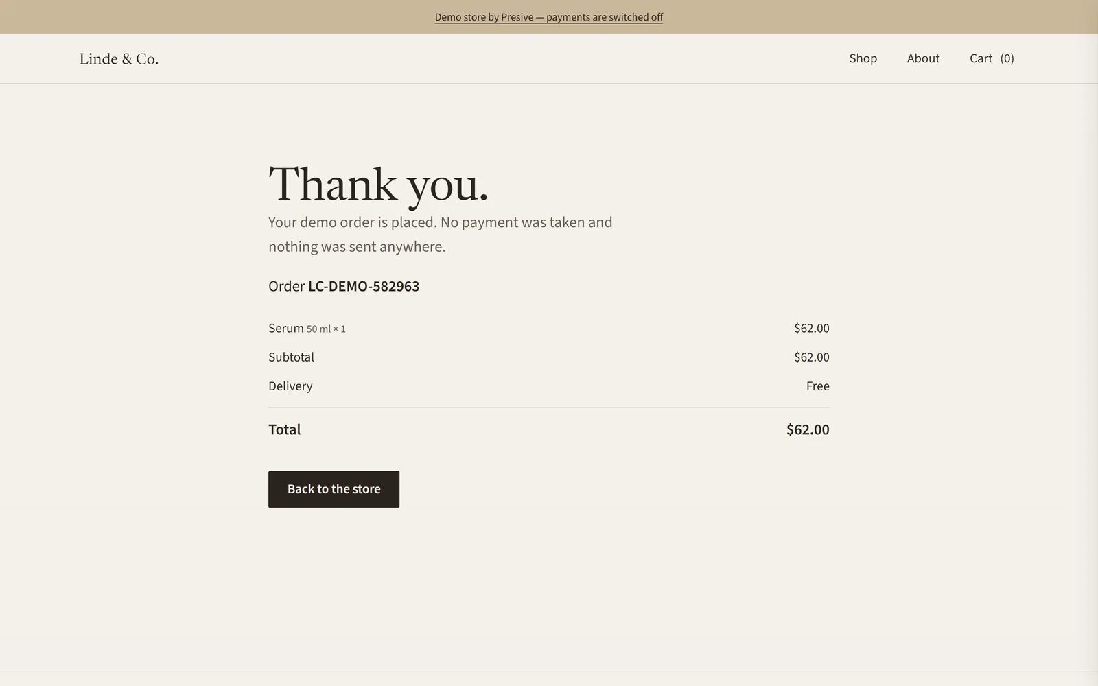 Confirmation — a screen from the Linde & Co demo store.