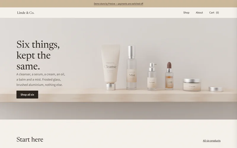 The home page of Linde & Co, our demo shop, on a desktop screen.
