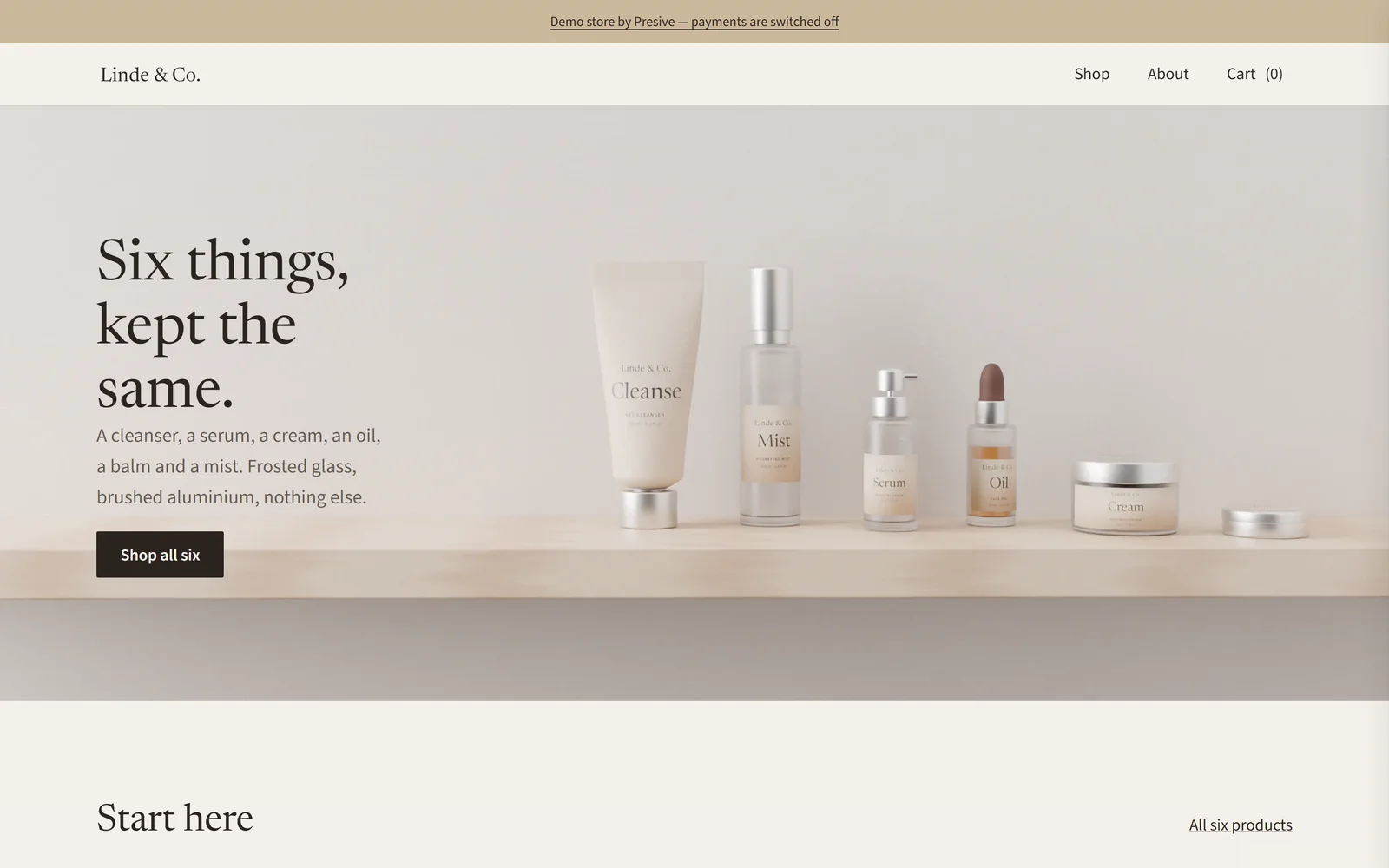 The Linde & Co demo store’s home page on a laptop: a wide photograph of six products on a shelf and the heading Six things, kept the same.