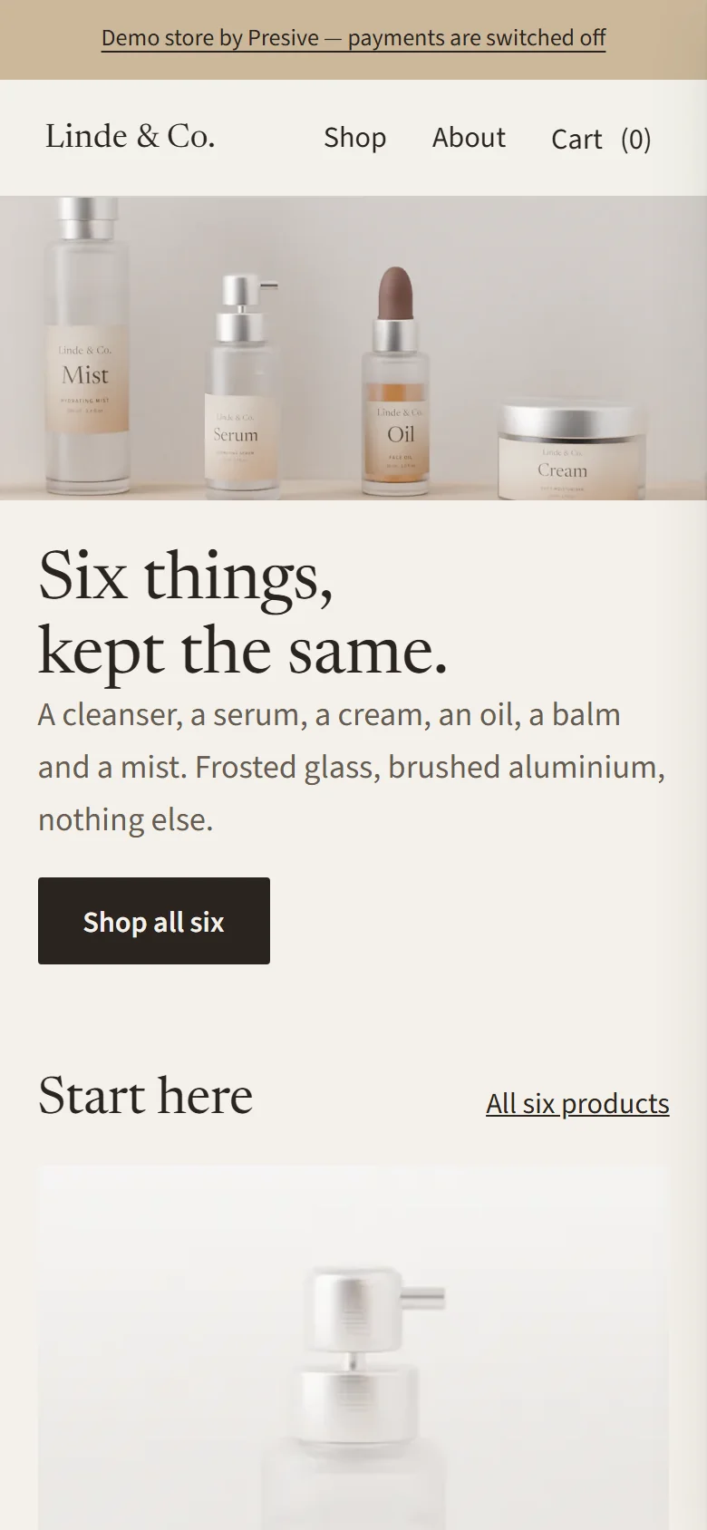 The Linde & Co demo store’s home page on a phone: four products on a shelf, the heading Six things, kept the same, and a Shop all six button.