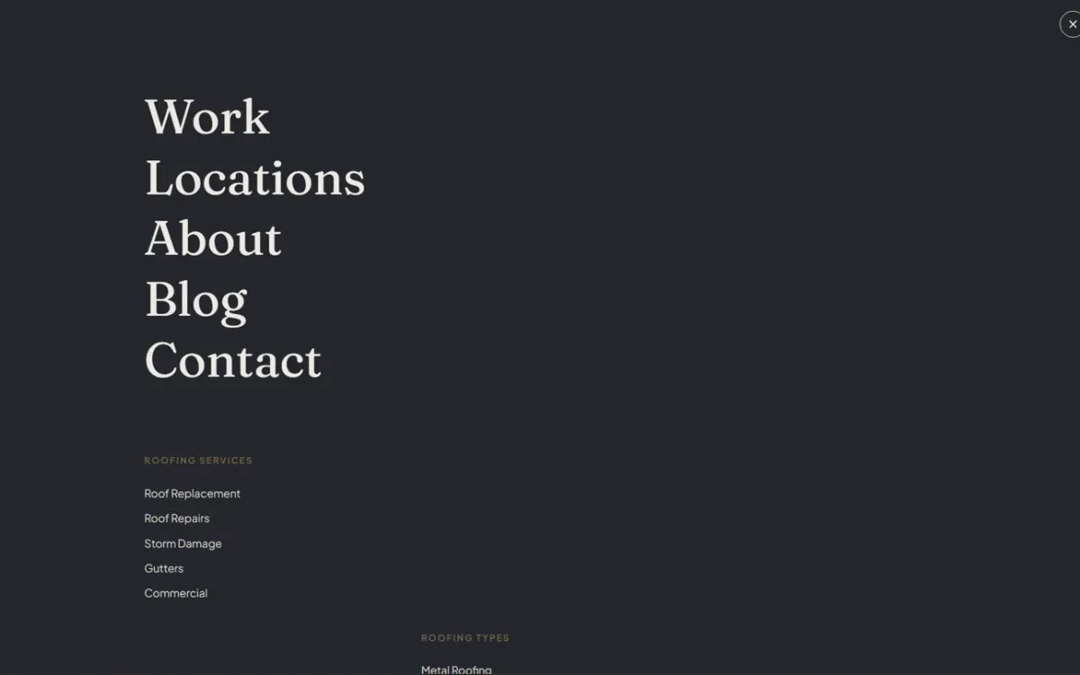 The full-screen menu, primary pages set large in serif above indexes of roofing services and roofing types