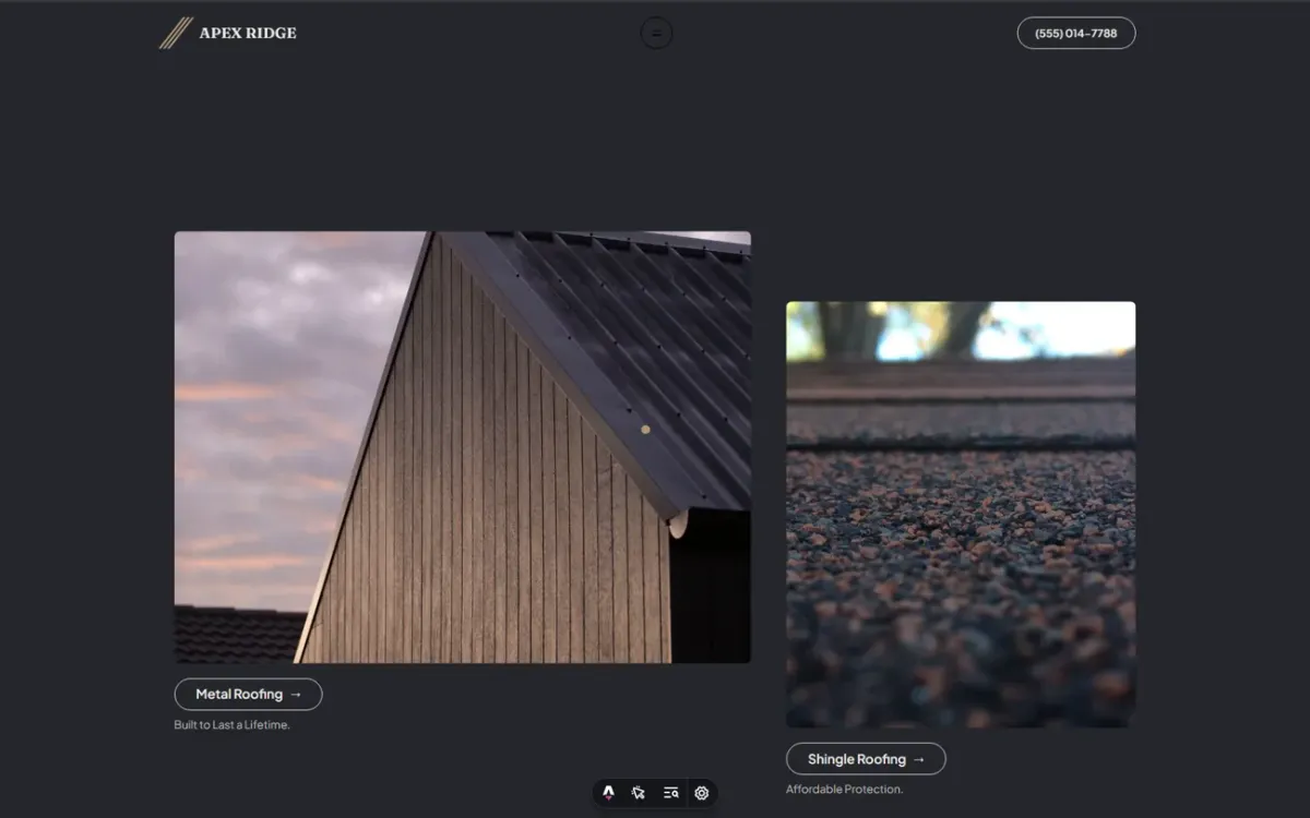 The roofing types section, metal and shingle shown side by side on a dark ground