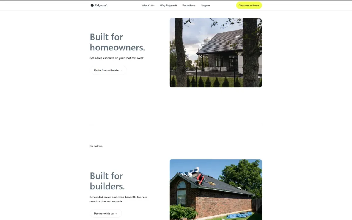 The two audience sections, homeowners above and builders below, each with its own call to action