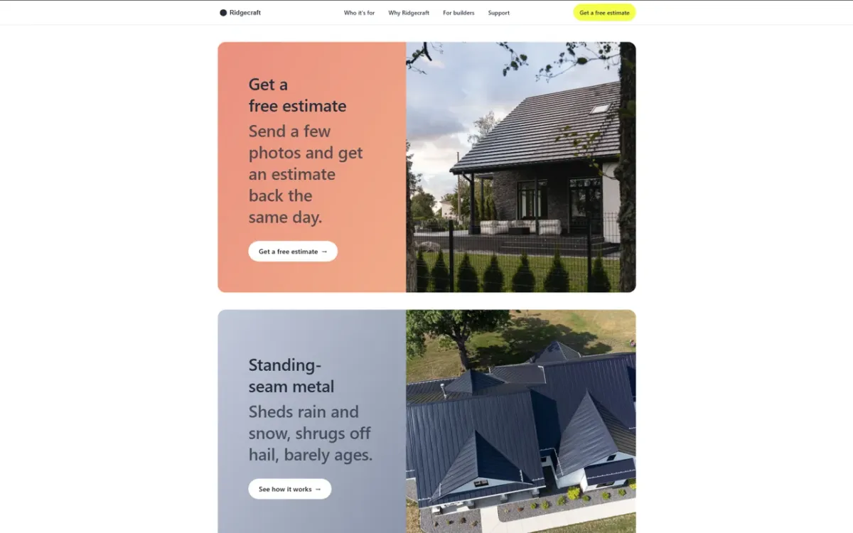 Paired panels: the free-estimate call to action beside a standing-seam metal explainer, each half color and half photograph