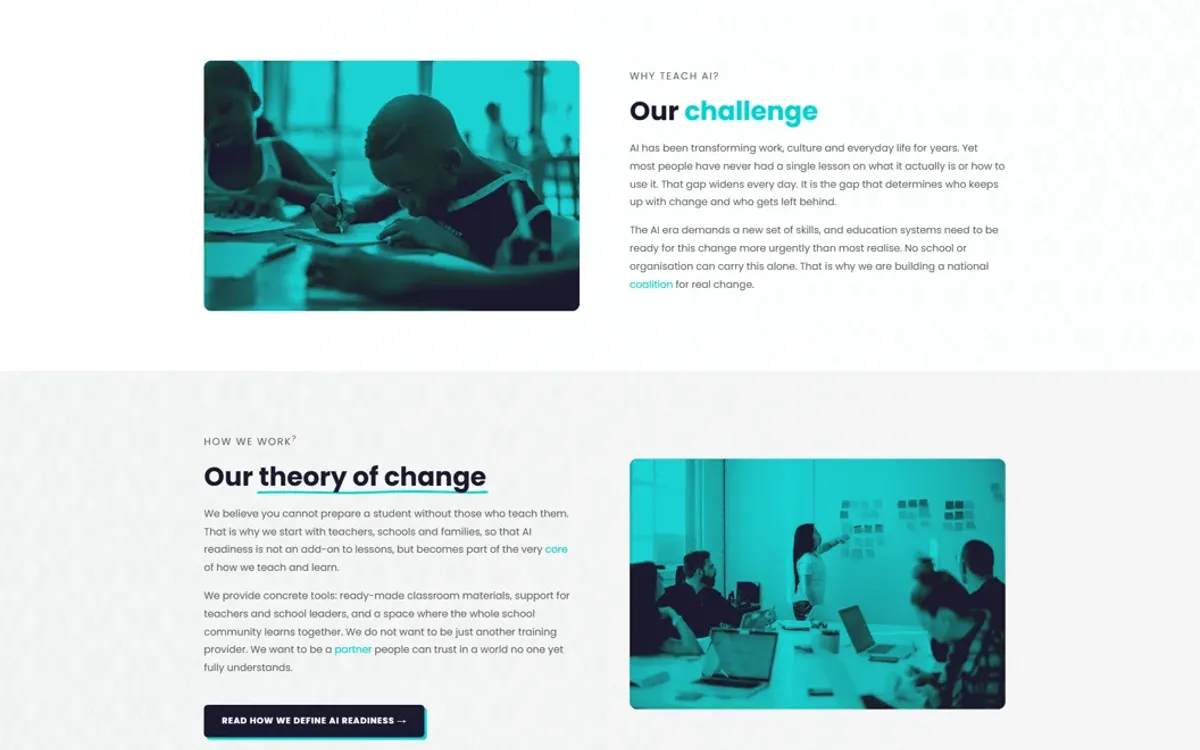 The about page, alternating teal duotone photographs with the foundation’s theory of change