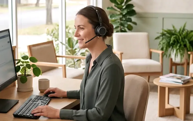 A clinic receptionist at her desk in a headset, the booking system open on the screen in front of her