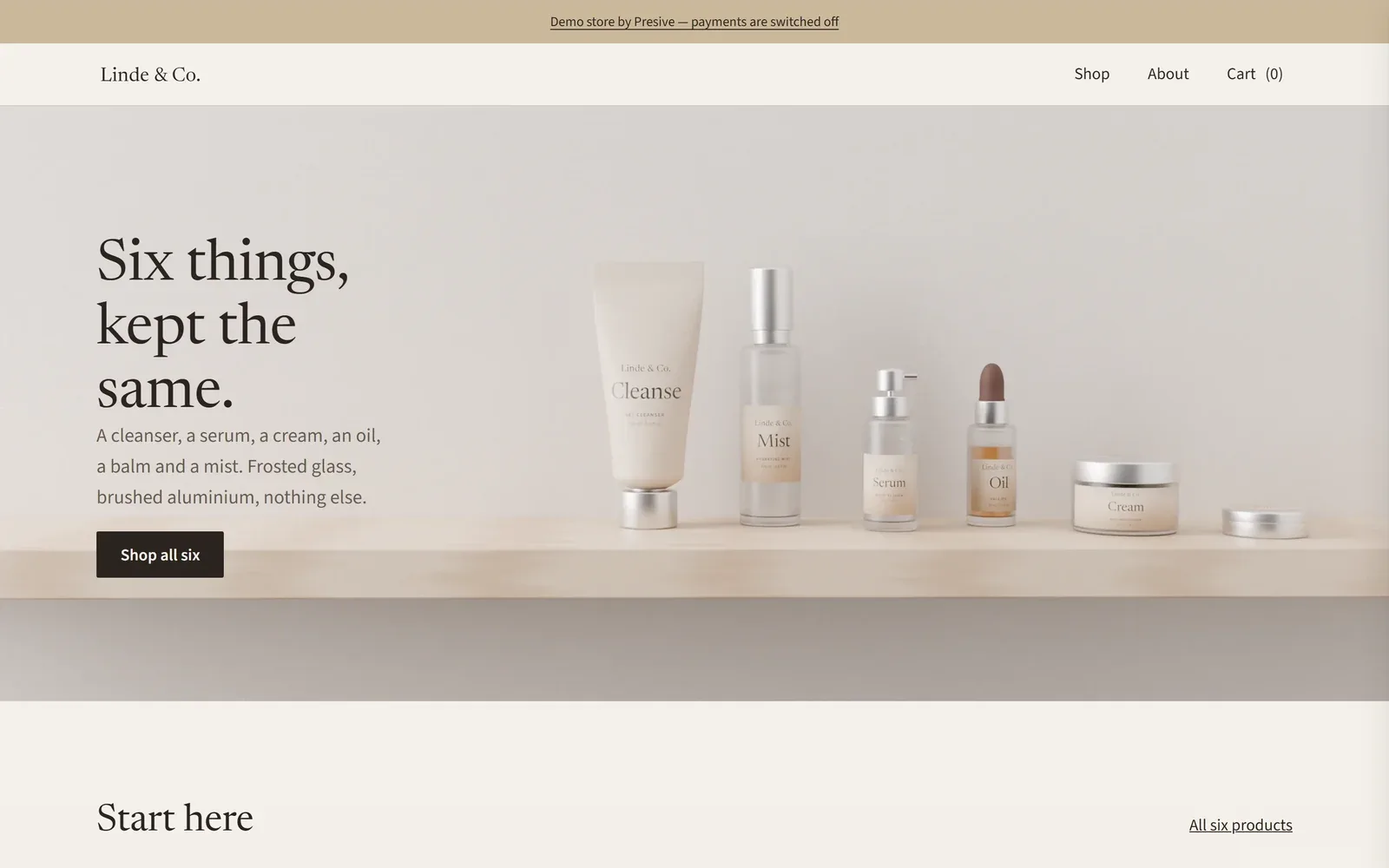The Linde & Co demo store, six skincare products on a pale shelf under the headline