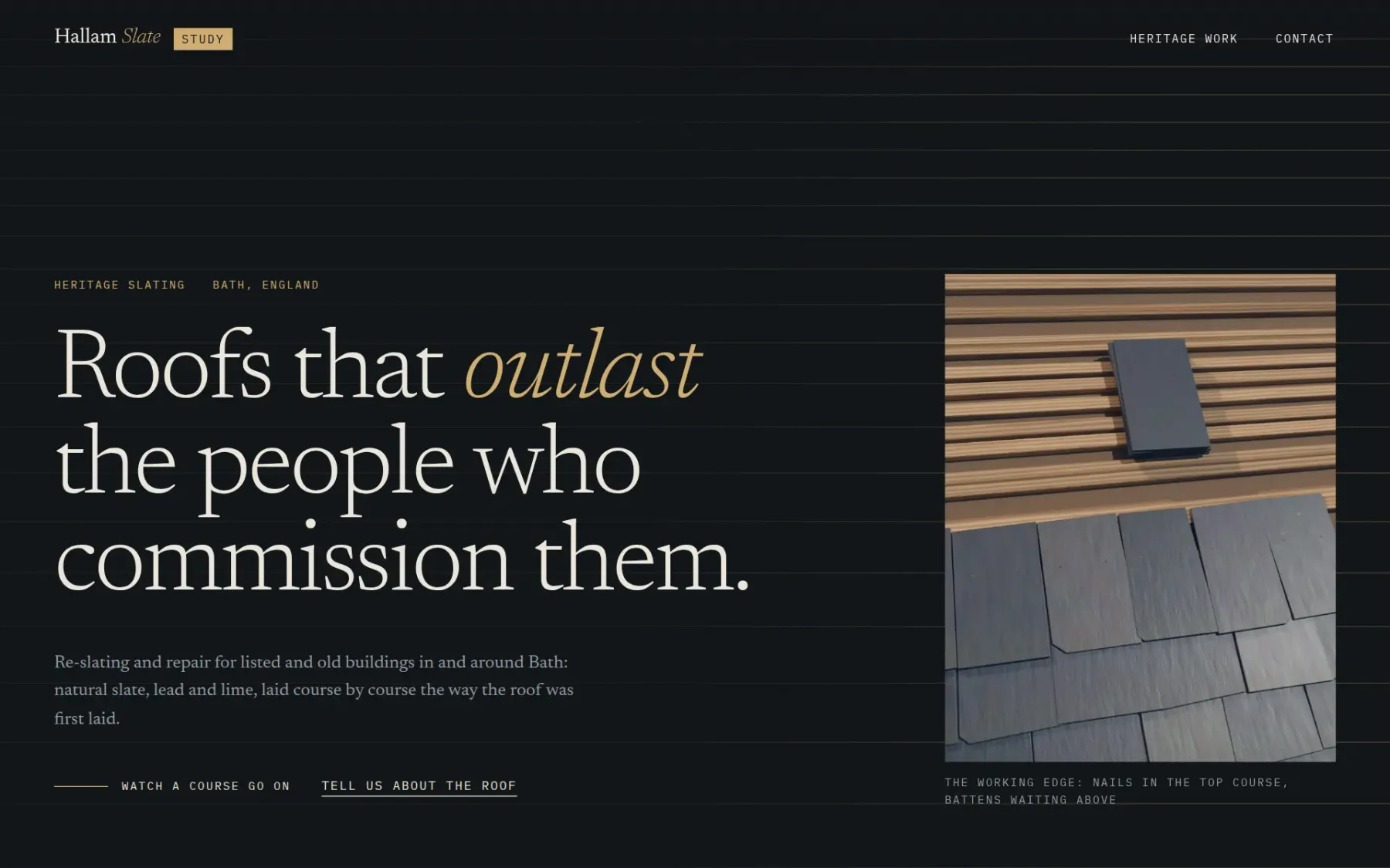 Hallam Slate, a concept study by Sites by Presive: the first screen of a heritage roofer’s site, a serif headline on slate gray beside a rendered slate course and the battens above it
