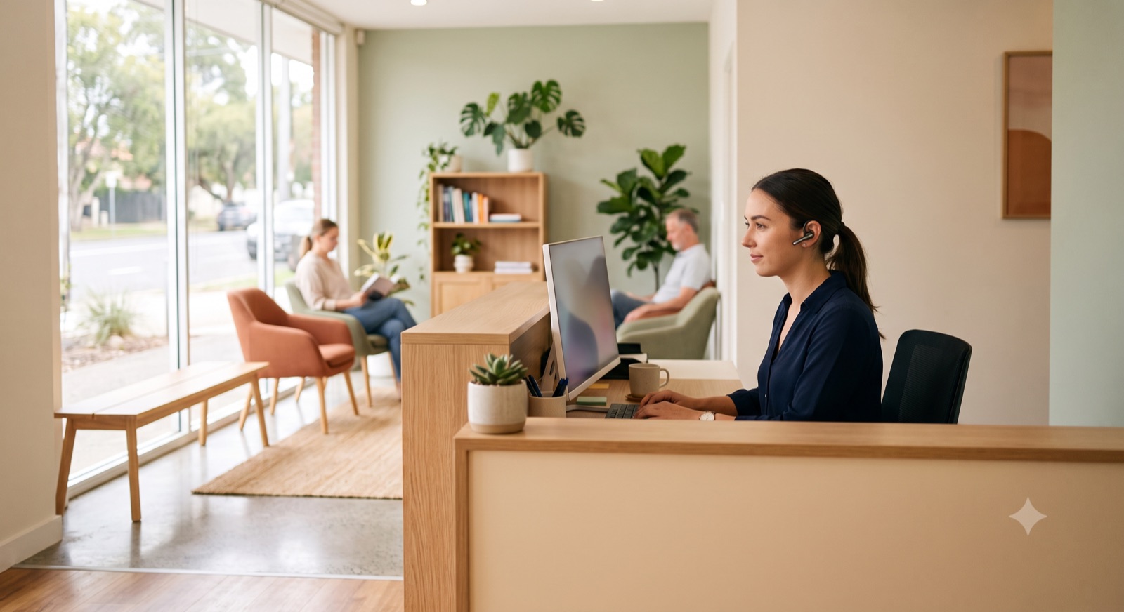 Calm clinic reception with staff at the desk