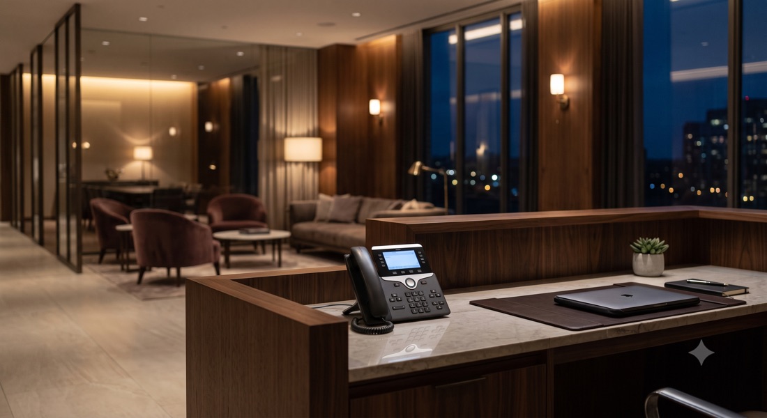 After-hours office reception at night