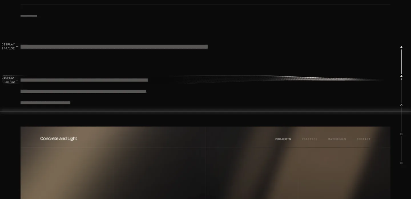 The home page at the studies, stopped as S goes down: above a lit horizontal line the page is a wireframe, its heading and deck gray bars with their type specs in the left margin and the thread a fine mesh; below the line the first study's picture is still the finished page.
