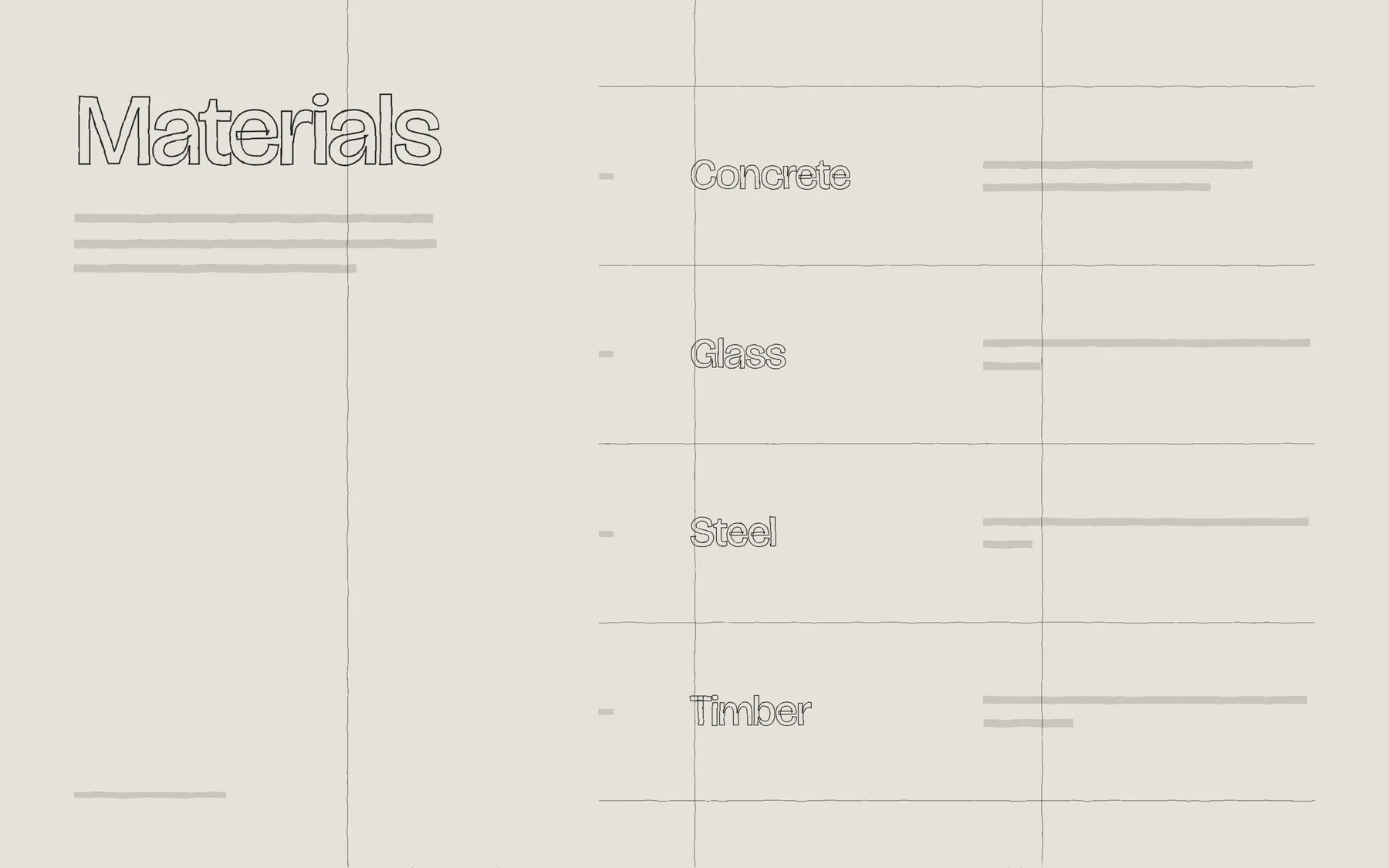 The same section as its first sketch: the layout in pencil lines on paper, the headings drawn as outlines, the text as gray bars.