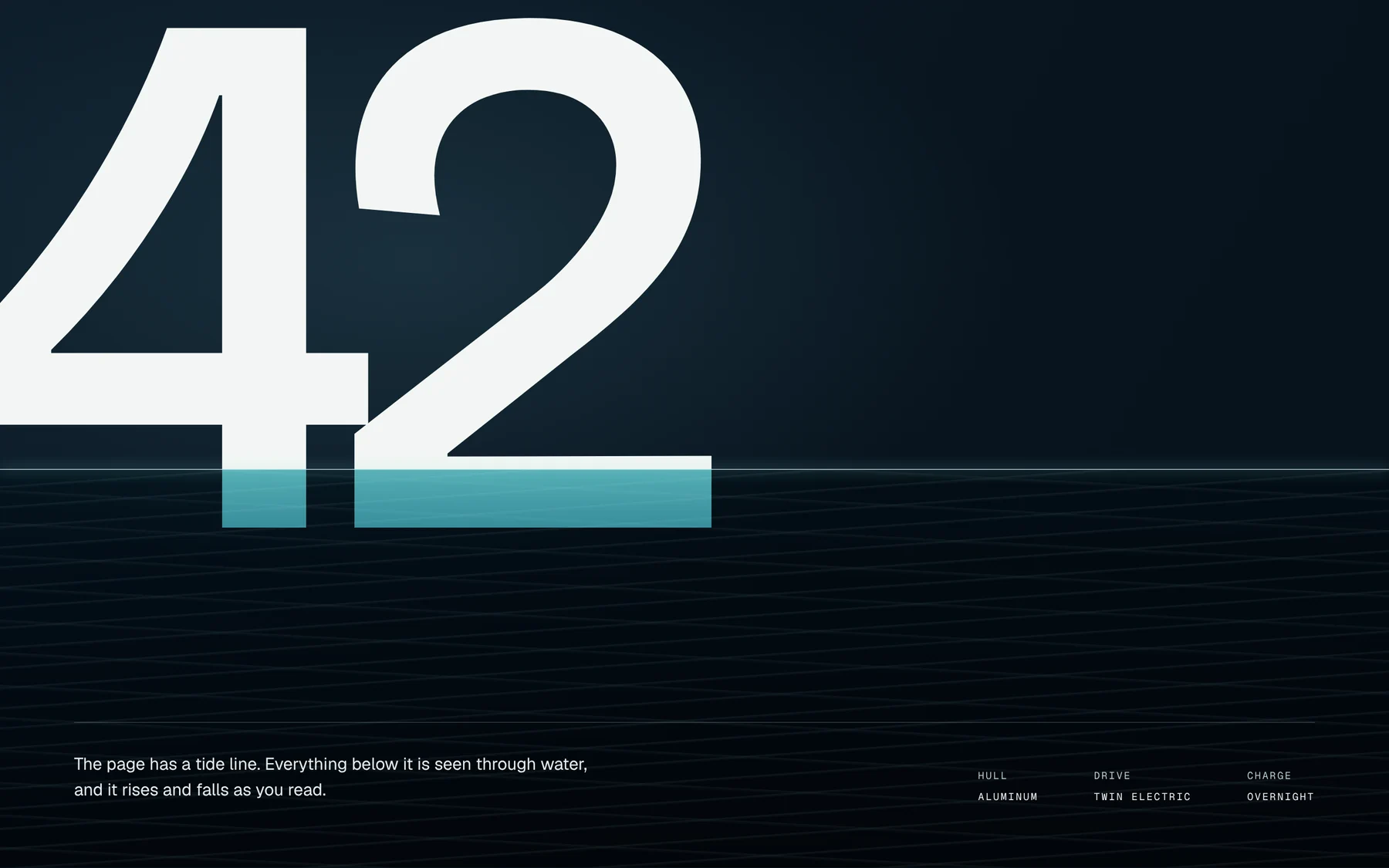 A close typographic crop: the figure "42" set so large it runs off the frame, its lower edge sinking below a glowing tide line into teal water.