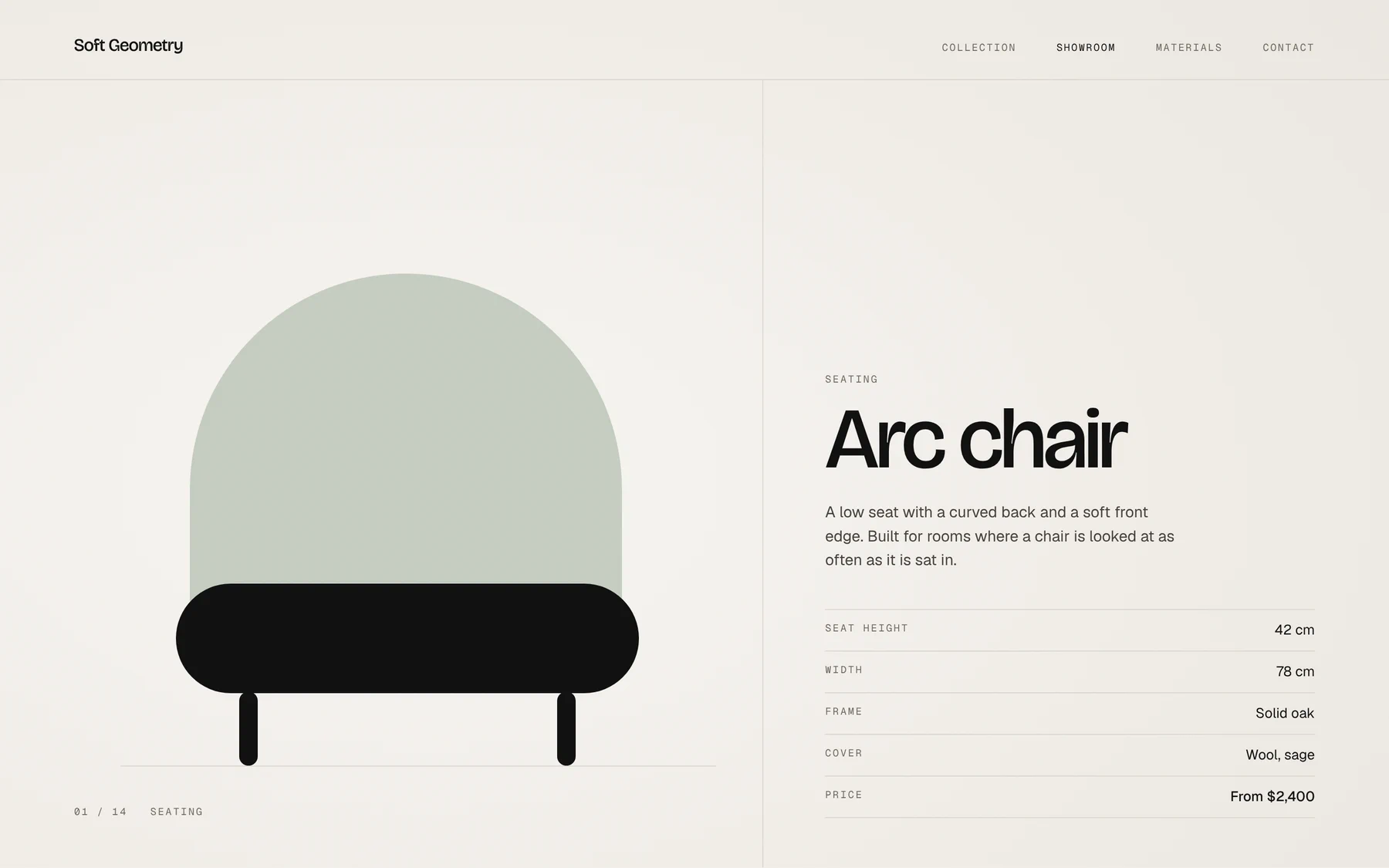 One piece to a screen: the Arc chair drawn large on paper, a sage arched back on a black rounded seat, and beside it its name, a line of copy and a ruled list of seat height, width, frame, cover and, last, the price.