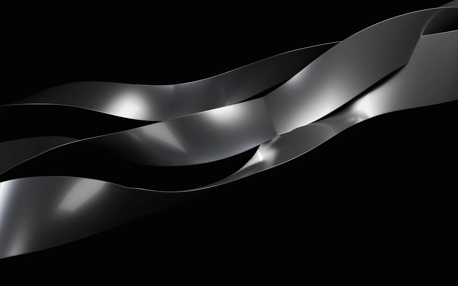 A studio render of the ribbon as a physical object: three bands of satin graphite metal sweeping from lower left to upper right across a black ground, lit from the top right.